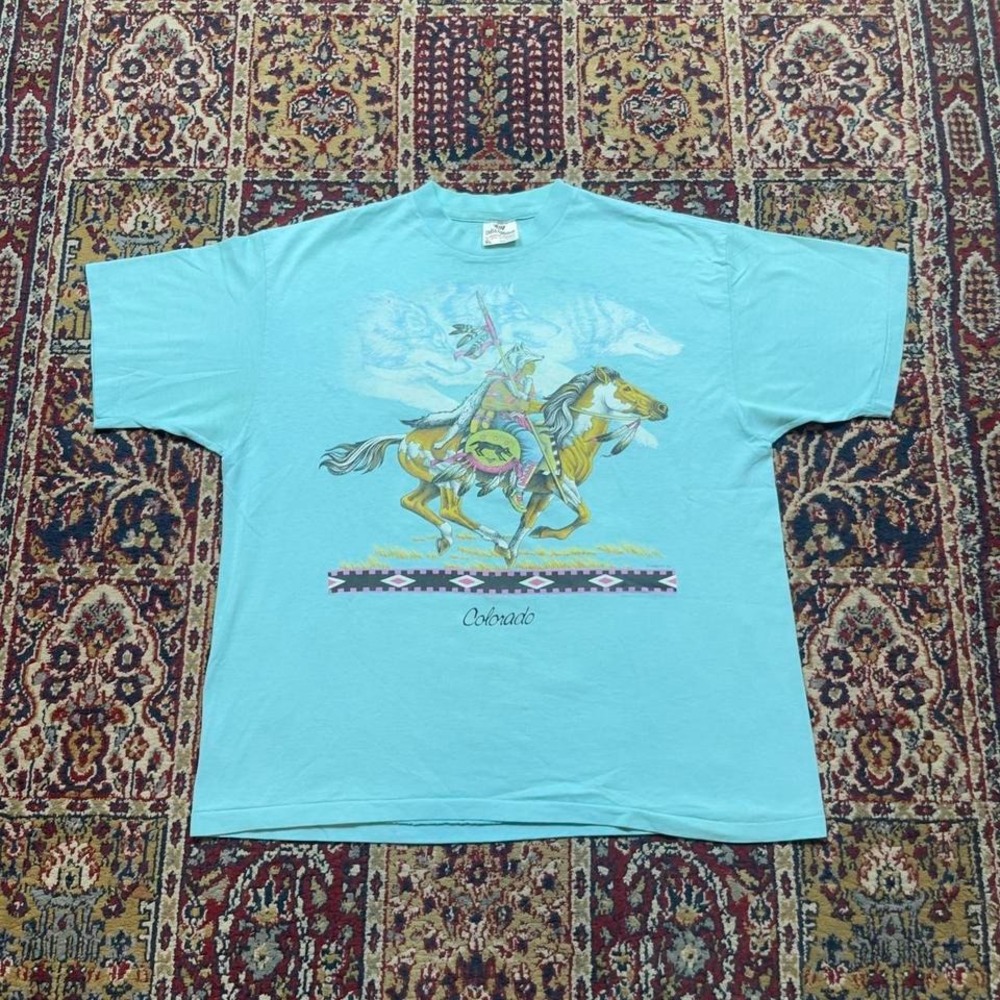 VTG 1990 Habitat native American‎ horse rider and wolves nature tee shirt XL USA